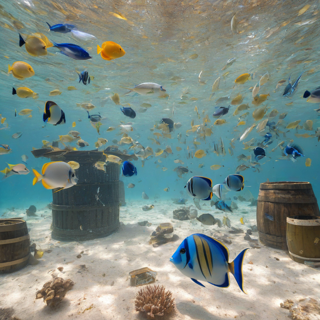 A vibrant underwater scene with a variety of fish, including blue tang and angelfish, swimming among coral reefs, with plastic bags, discarded fishing nets, old barrels and other trash scattered throughout the ocean floor, in a wide shot with a soft, warm light and a sense of movement in the water, on a plain white background, full-body view of the fish and trash