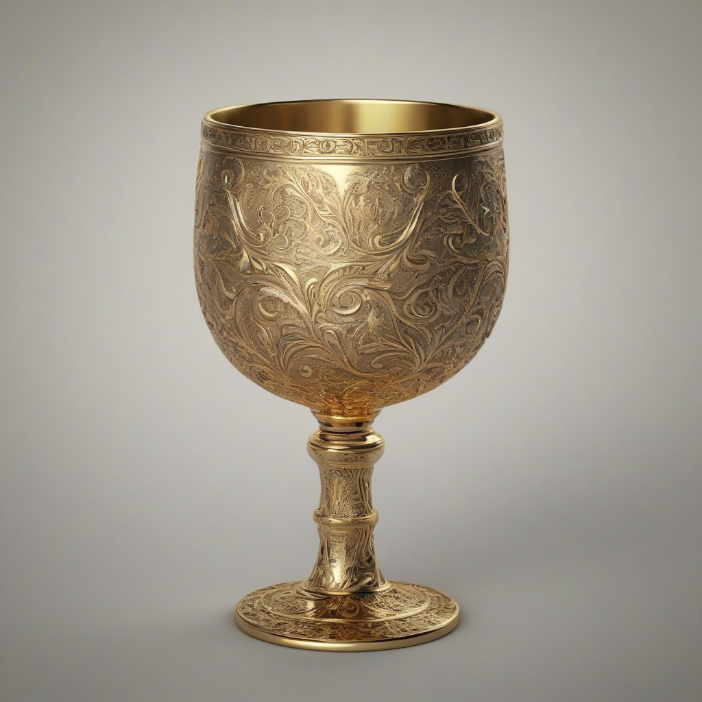 A highly detailed, antique gold wine goblet with intricate etchings and a wide, rounded bowl, sitting on a plain white background, in a wide shot with the goblet's base and stem fully visible, rendered in a realistic, photorealistic style with soft, warm lighting and subtle shadows, on a plain white background, even lighting 