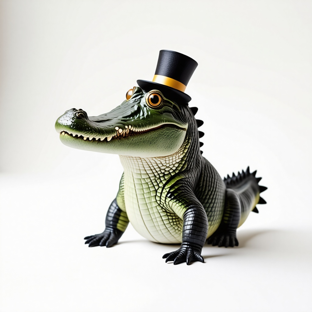 A crocodile that is smiling and has googley eyes and a tiny top hat