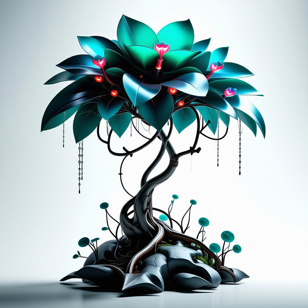 A full-body view of a vibrant, neon-lit Aquamarine plant with intricate, glowing circuitry and metallic accents, set against a plain white background, in a futuristic, cyberpunk style, with dynamic shadows and a wide-angle shot