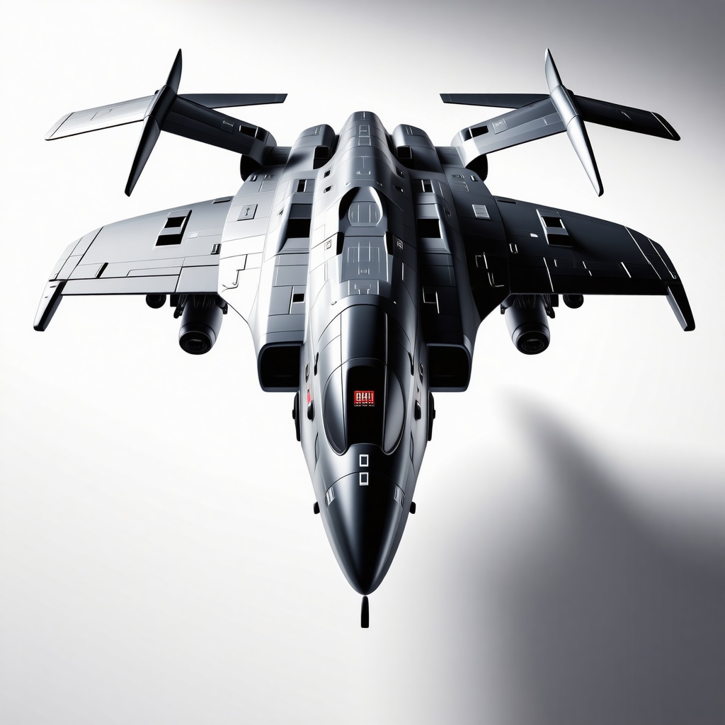 A Starcraft terran style air unit with large tilting VTOL thrusters, sleek and metallic with a futuristic design, viewed from a wide-angle shot with the entire unit visible, including its thrusters and cockpit, set against a plain white background, in a digital art style with bold lines and vibrant colors, with dynamic lighting and shading to accentuate its metallic surfaces