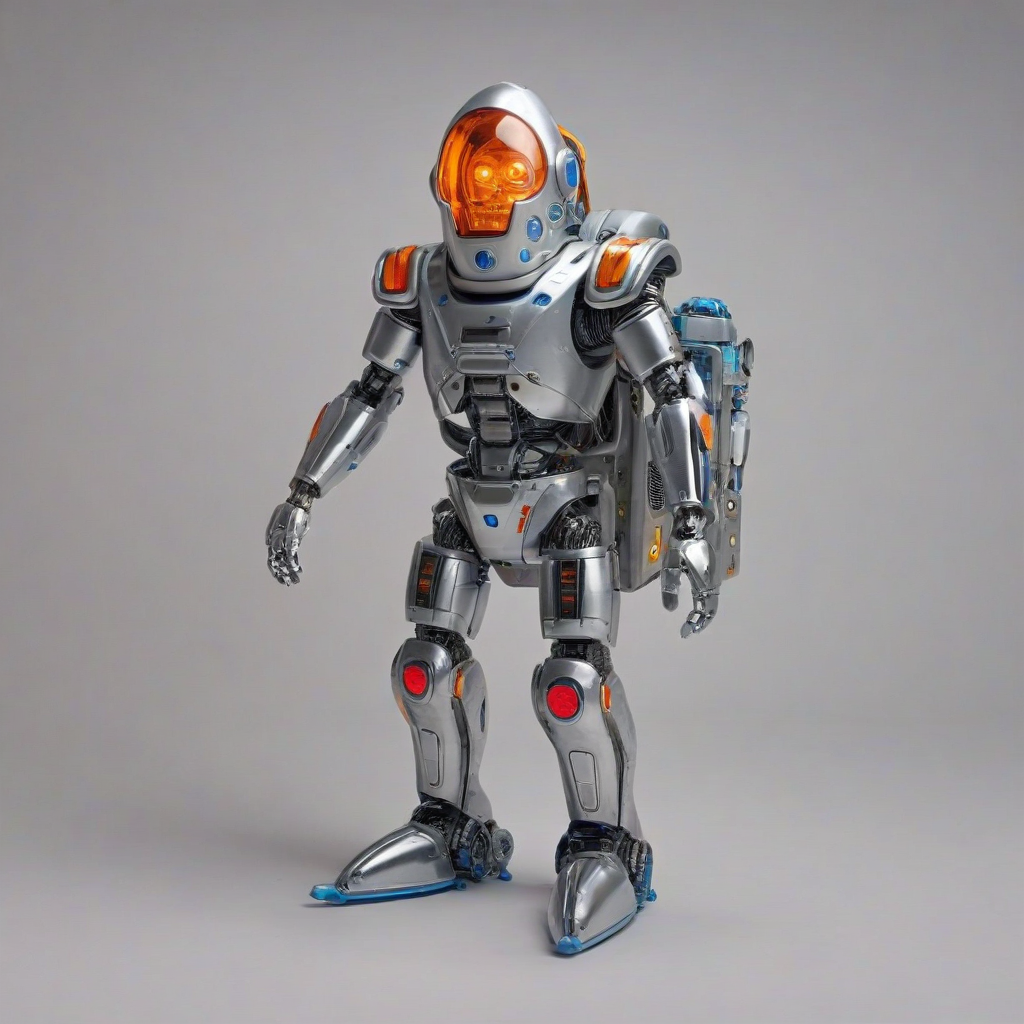 a cartoon animation style rocket backpack with a metallic finish, mounted on a robot, standing on a plain white background with even lighting, on a plain white background, even lighting