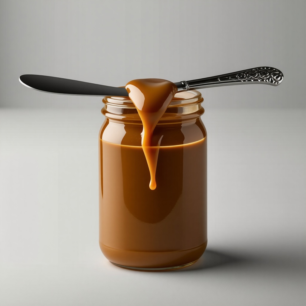 A wide shot of a creamy peanut butter jar with a butter knife sitting across the top, peanut butter dripping off the knife, on a plain white background, with a warm and inviting lighting, in a photography style