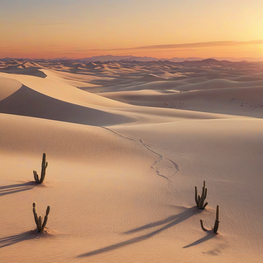 A serene desert landscape at sunset with sand dunes stretching across the horizon, a few cacti scattered in the distance, warm golden light casting long shadows, in a wide shot with the entire desert visible, in the style of a digital painting