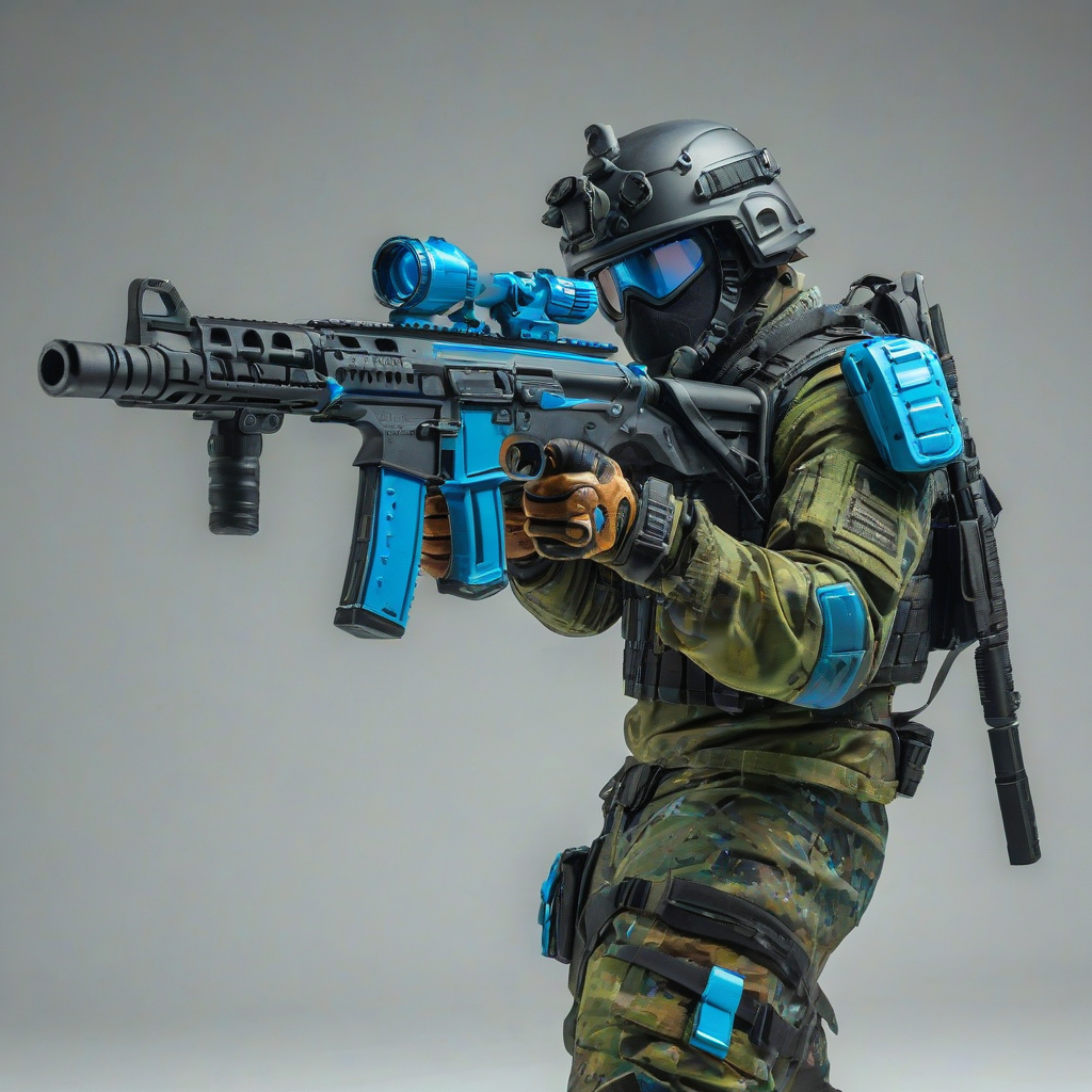 gritty, vibrant color, cartoon style, military green colored assault rifle with neon blue accents, bright lighting, wide angle shot, on a plain white background, even lighting, a rugged mercenary soldier in tactical gear in the foreground, on a plain white background, even lighting