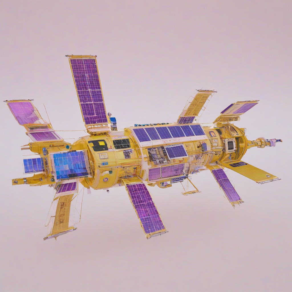 a futuristic space station with a predominantly mustard-colored hull, surrounded by a nebula with vibrant purple and blue hues, in a wide shot with the station's modules and solar panels visible, on a plain white background, in a vaporwave art style with glitch effects and Japanese characters in the background, full-body view of the space station, on a plain white background, even lighting 