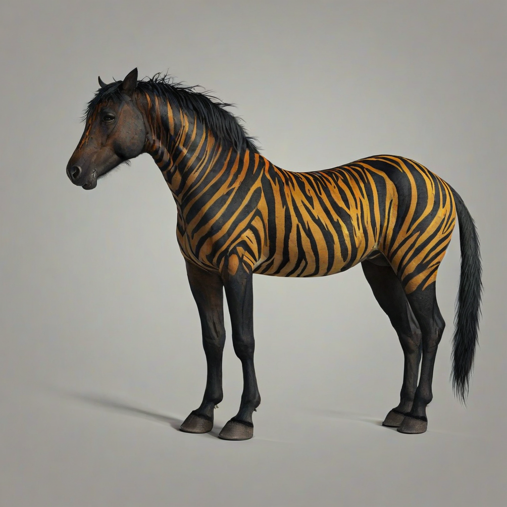 A black horse with tiger stripes, full-body view, wide shot, feet visible, on a plain white background, illustration style, vibrant colors, dynamic shadows