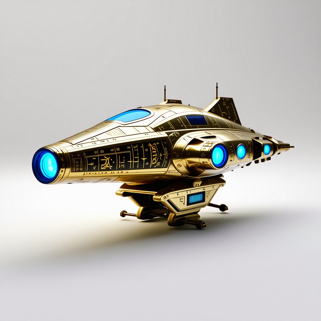 A fantasy-style sci-fi turret made of solid gold with glowing blue lights on a white background, featuring magical runes and mystical symbols etched into its surface.