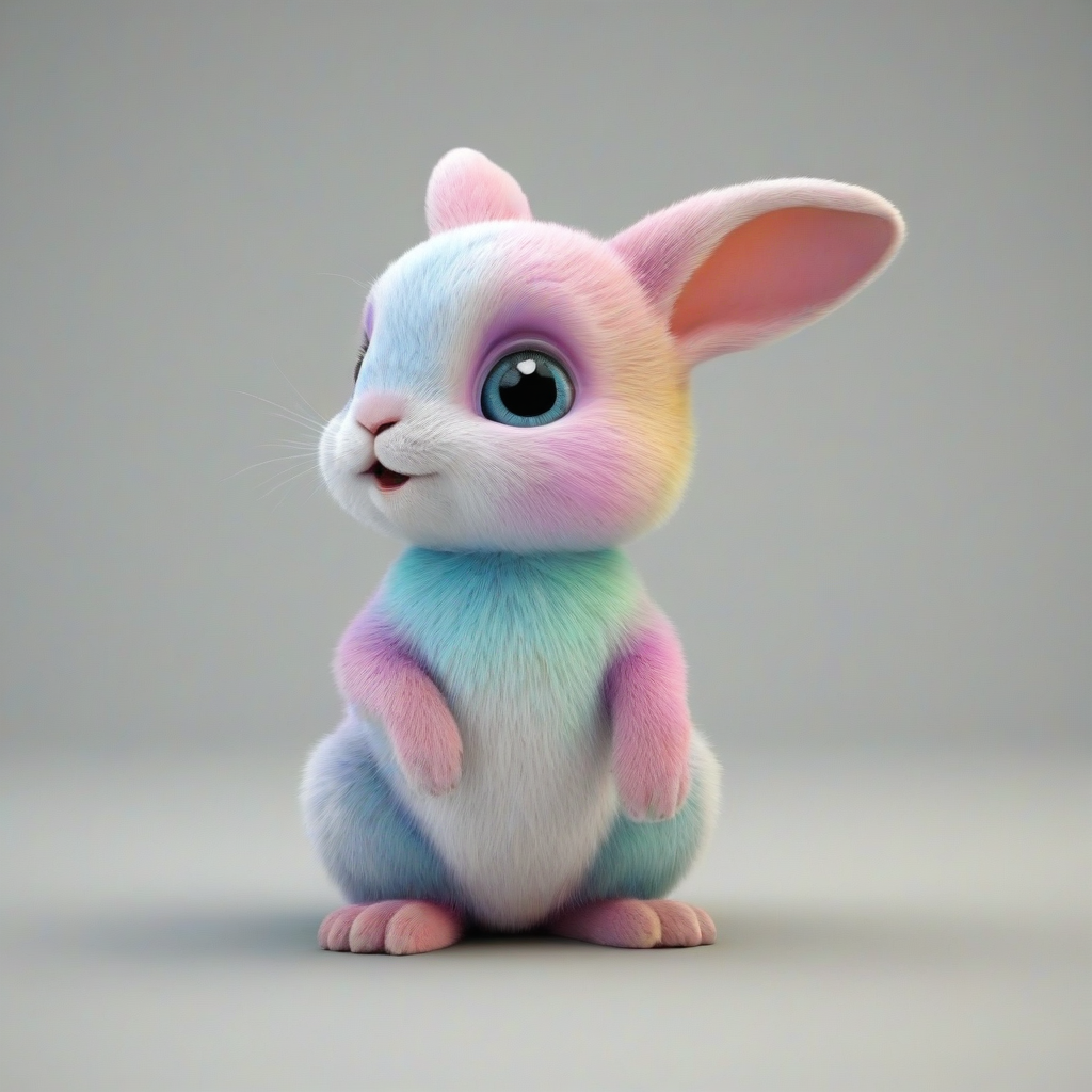 3D cartoon animation of a baby rabbit, pastel rainbow color,  bright and vivid colors, large eyes, short body, round features, tiny nose, tiny feet, cute, happy expression on its face, single animal in image, on a plain white background, even lighting