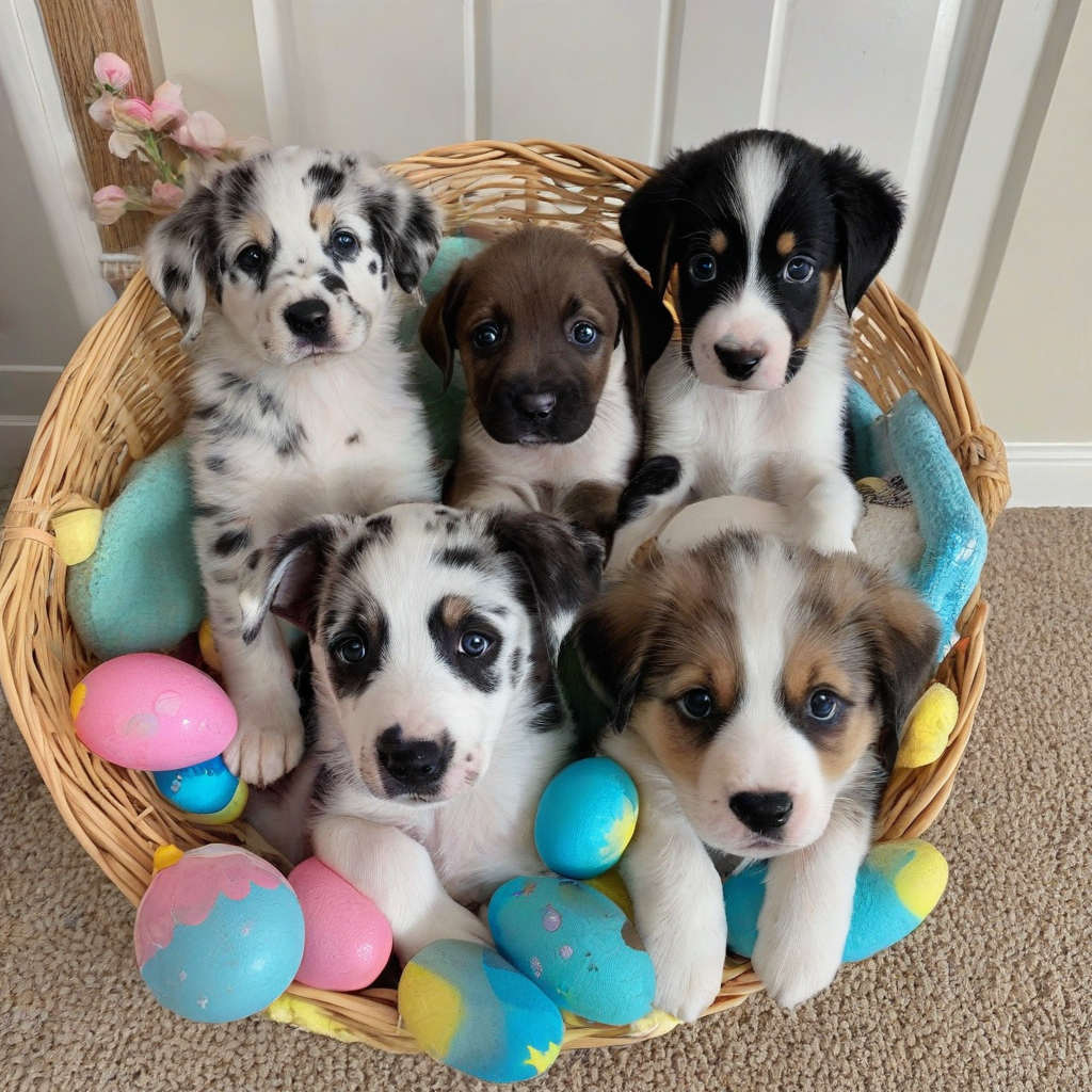 A colorful Easter basket filled with adorable puppies, one puppy is a Dalmatian puppy, another one is an Australian Shepard puppy, and the last one is a German Shepard puppy