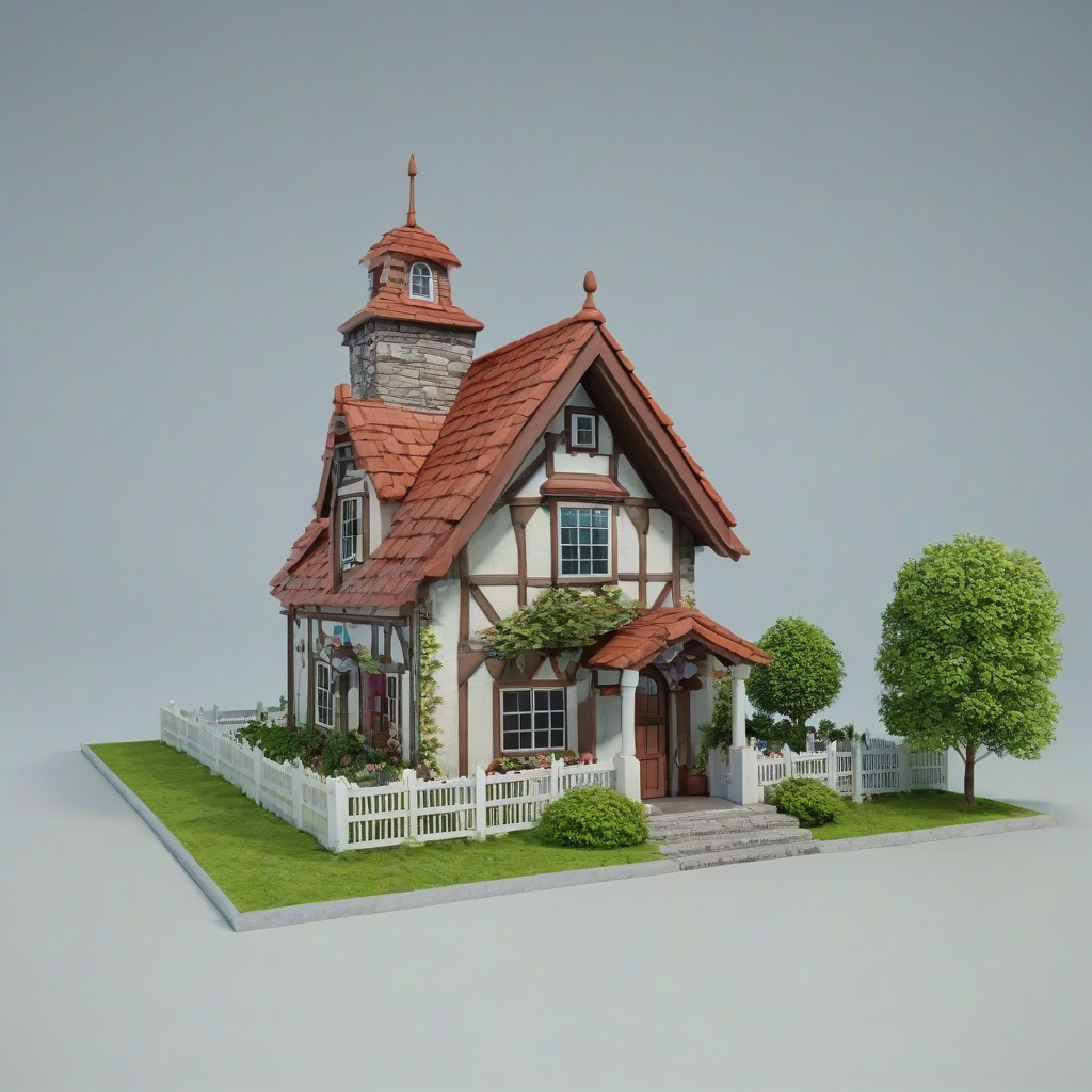 3d cartoon animation style cute tower cottage, on a plain white background, even lighting