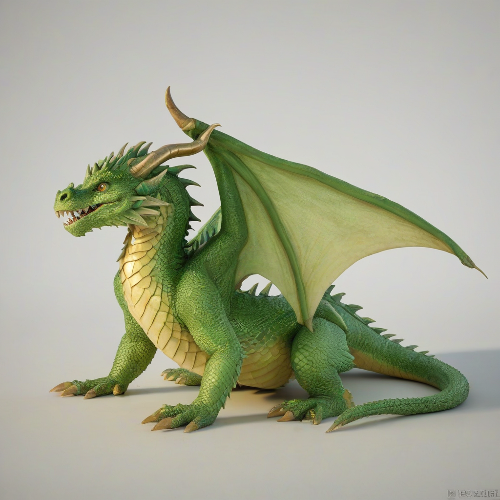 A full-body view of a medieval, green, dragon pet, with scales glistening in the sunlight, sitting on a plain white background, in a wide shot, with its feet visible, in the style of a digital illustration, with a soft, warm lighting and a slight backlight to accentuate its texture, on a plain white background, even lighting 
