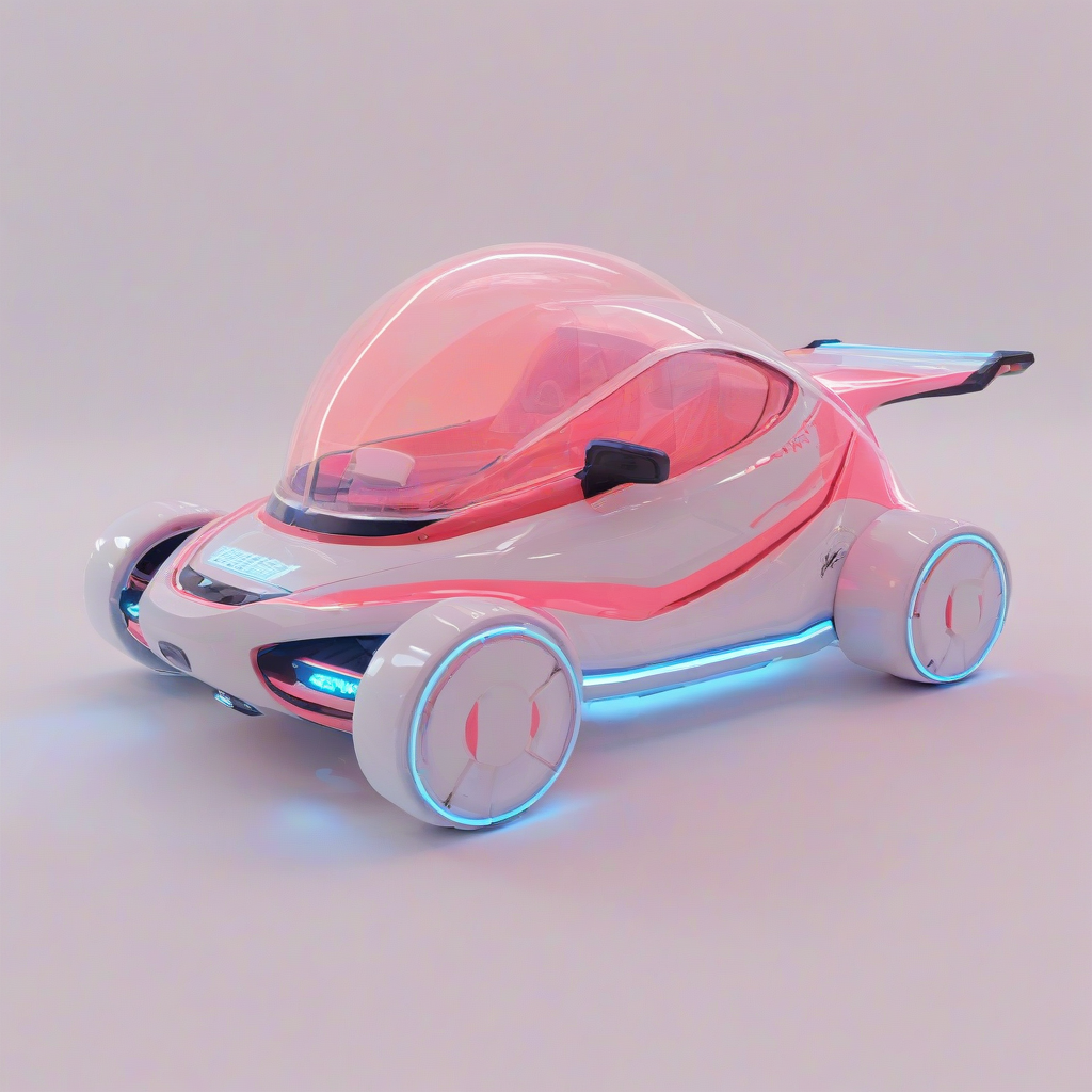 A full-body view of a sleek, futuristic transportation device, with a coral-colored, neon-lit exterior, surrounded by a misty vaporwave atmosphere, with a wide shot and feet visible, on a plain white background, in the style of a digital illustration, with dynamic shadows and a hard rim light, on a plain white background, even lighting 