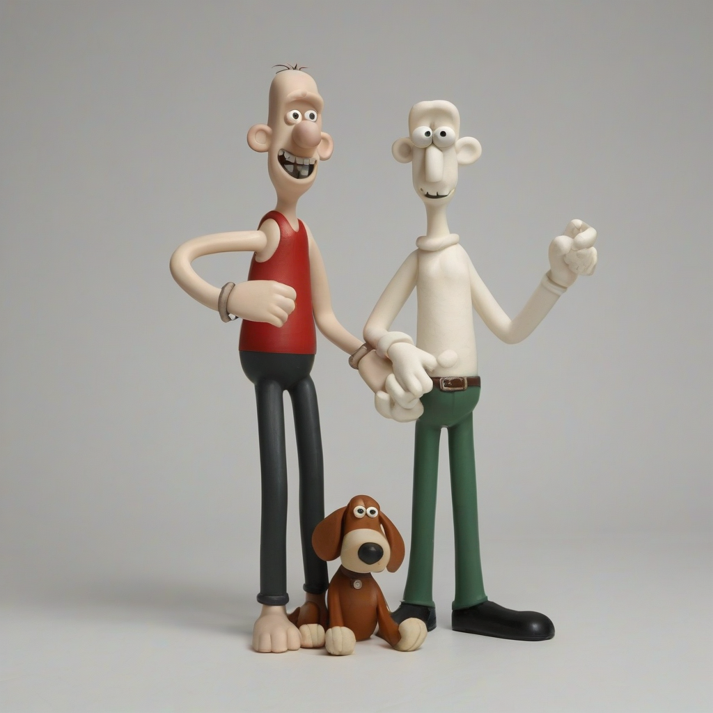 Wallace and Gromit, full-body view, claymation style, on a plain white background, on a plain white background, even lighting 