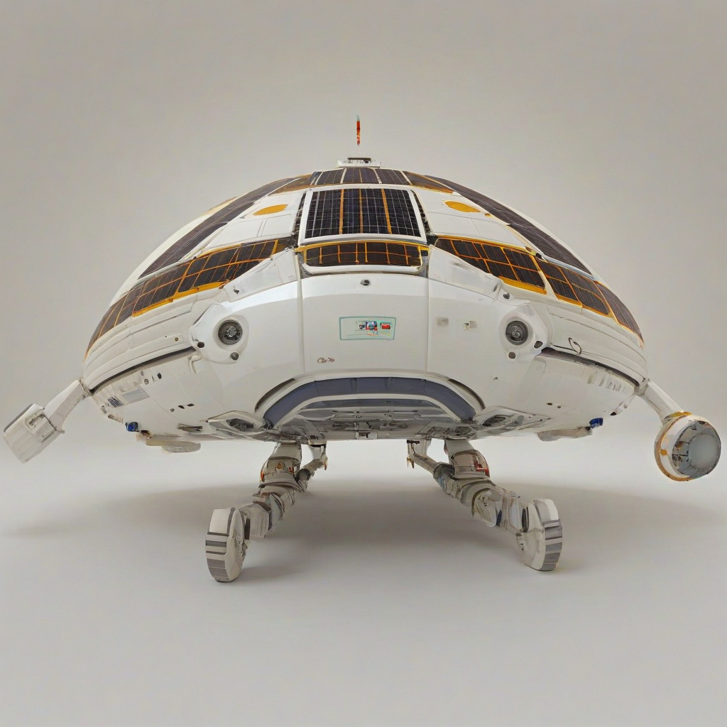 A solarpunk style spacecraft with a sleek, curved hull and large solar panels, set against a plain white background, with bright, warm lighting and a sense of optimism and sustainability, full-body view, wide shot, feet visible, digital art style, vibrant colors, on a plain white background, even lighting