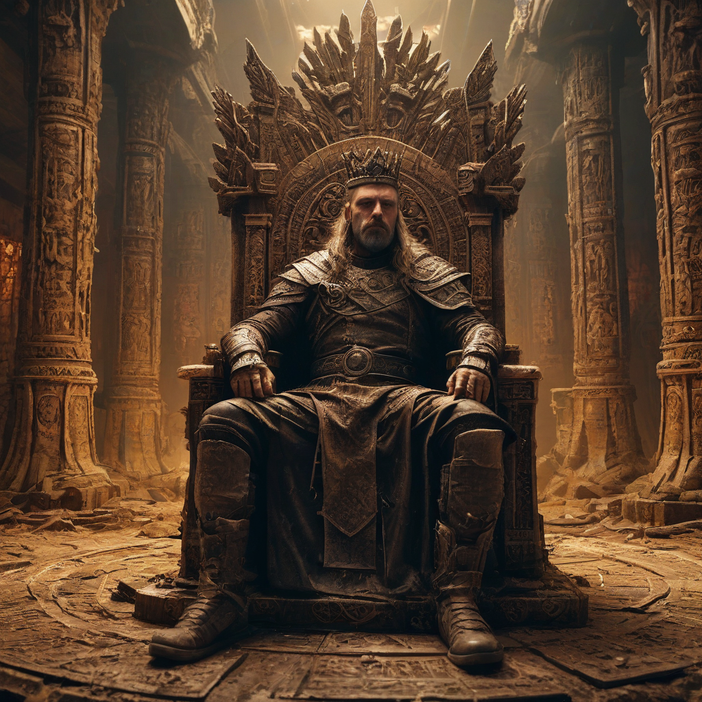 A tired king sitting in a majestic, brown, post-apocalyptic throne, with intricate carvings, in a wide shot, warm, golden lighting, digital art style