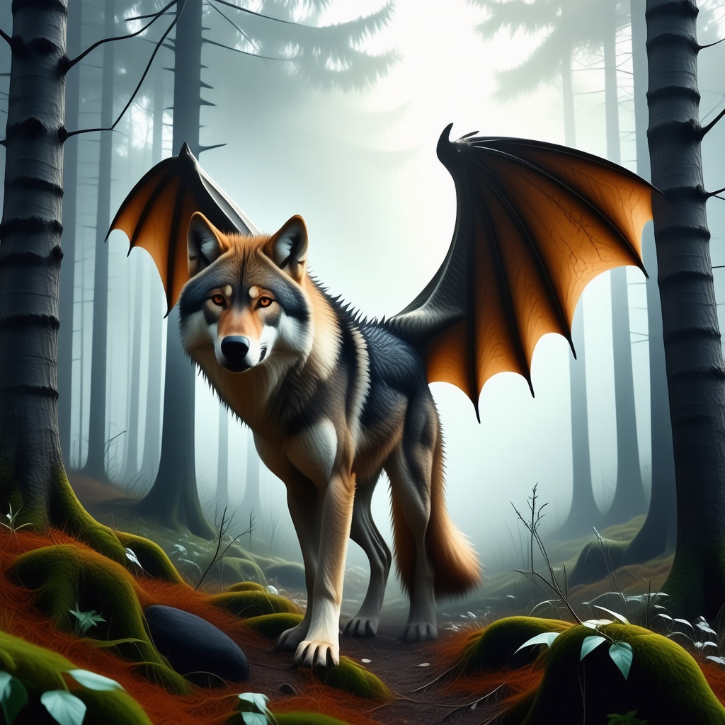 wolf with dragon wings in a forest