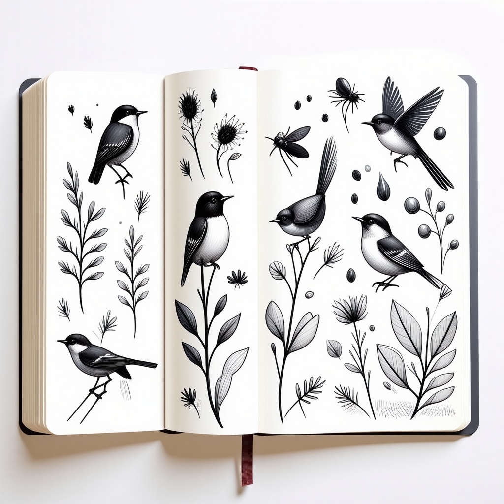 An open sketchbook filled with loosely drawn birds and plants and bugs