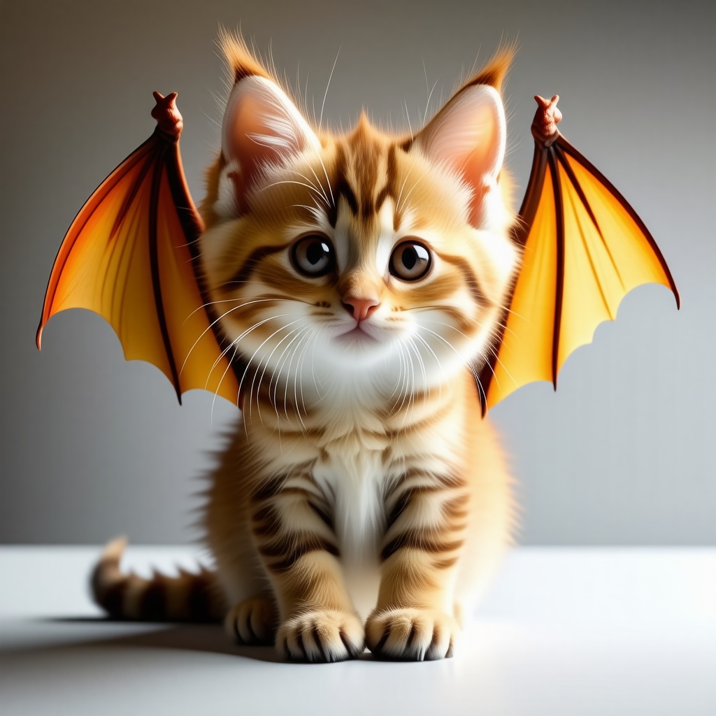 A cute, fluffy kitten with small, colorful dragon wings, in a full-body view, with its feet visible, on a plain white background, with a warm, soft light and a slight glow around the wings, in a digital art style with bold lines and vibrant colors