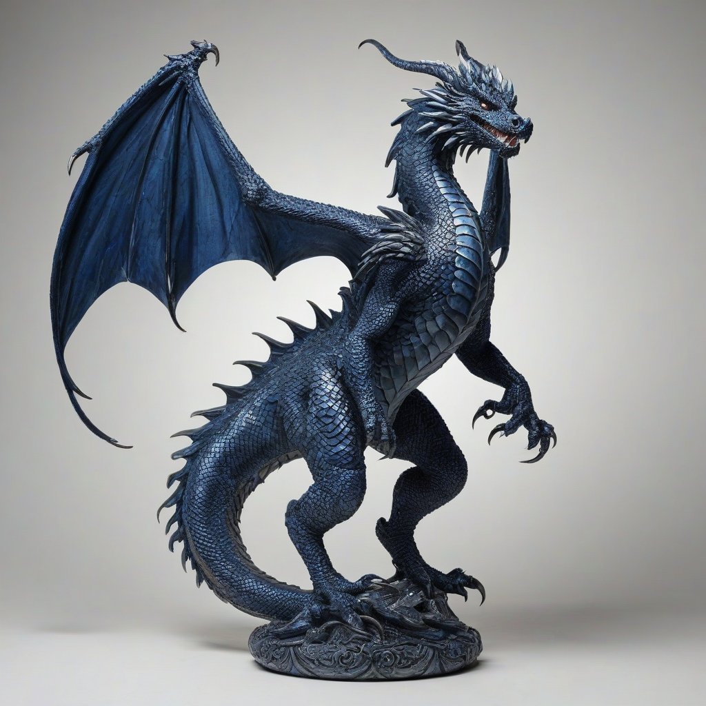A majestic dragon with scales that shimmer in a navy blue hue, set against a plain white background, in a Renaissance art style, with intricate details and textures, full-body view, wide shot, with the dragon's claws and wings fully visible, in a dramatic pose, with a sense of movement and energy, warm lighting, and dynamic shadows