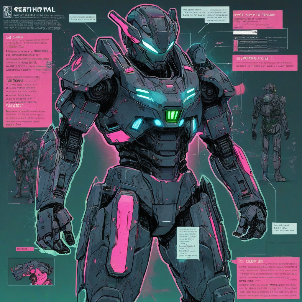 Comic book page with a grungy mecha fighter suit, slightly silhouetted, add a slight anime style, with soft neon lighting, illuminating the suit with a pink and green hue, add digital diagrams pointing to certain parts of the suit, with a blue outline diagram of the robotic part