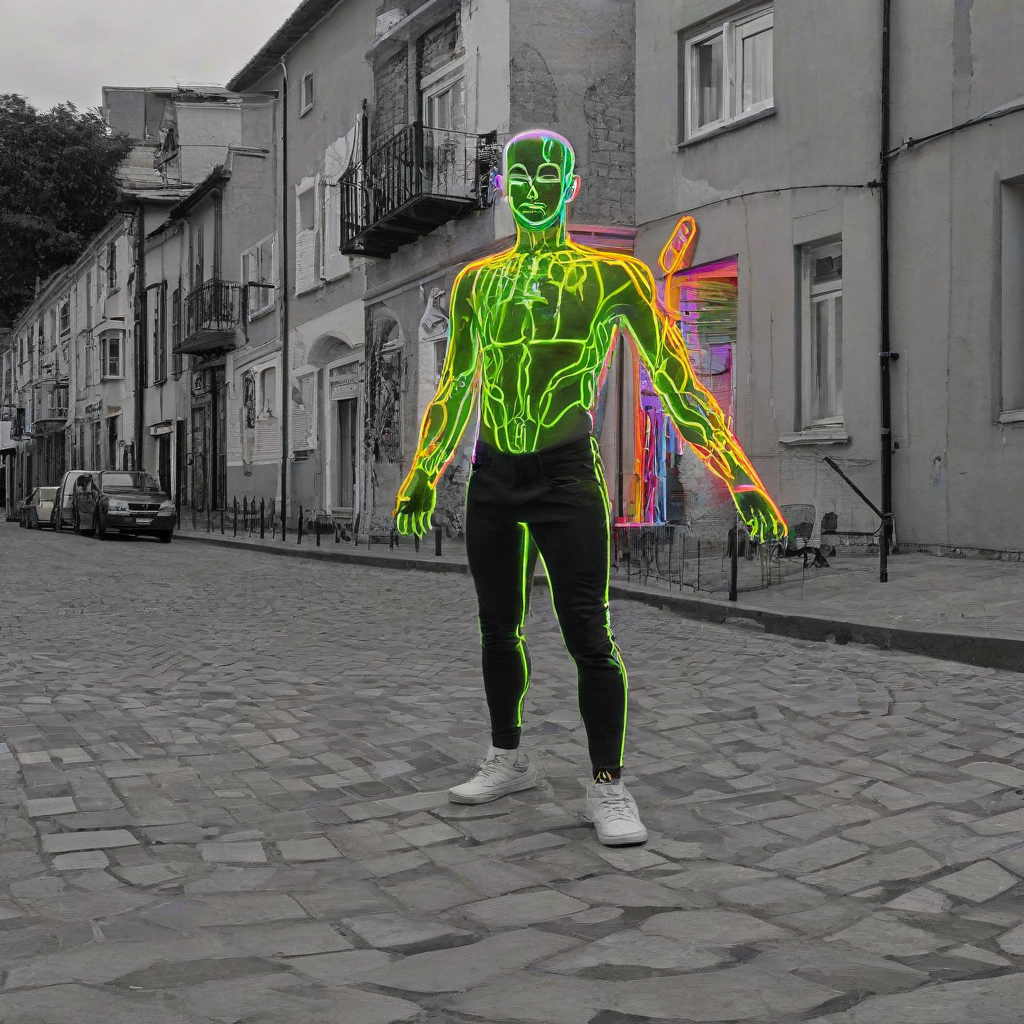 A colorful neon man in a black and white town