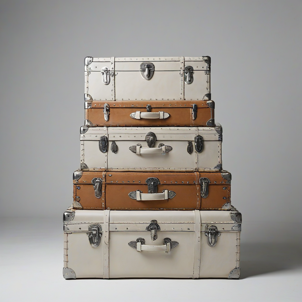 a stack of light colored leather trunks, bright lighting, on a plain white background, even lighting