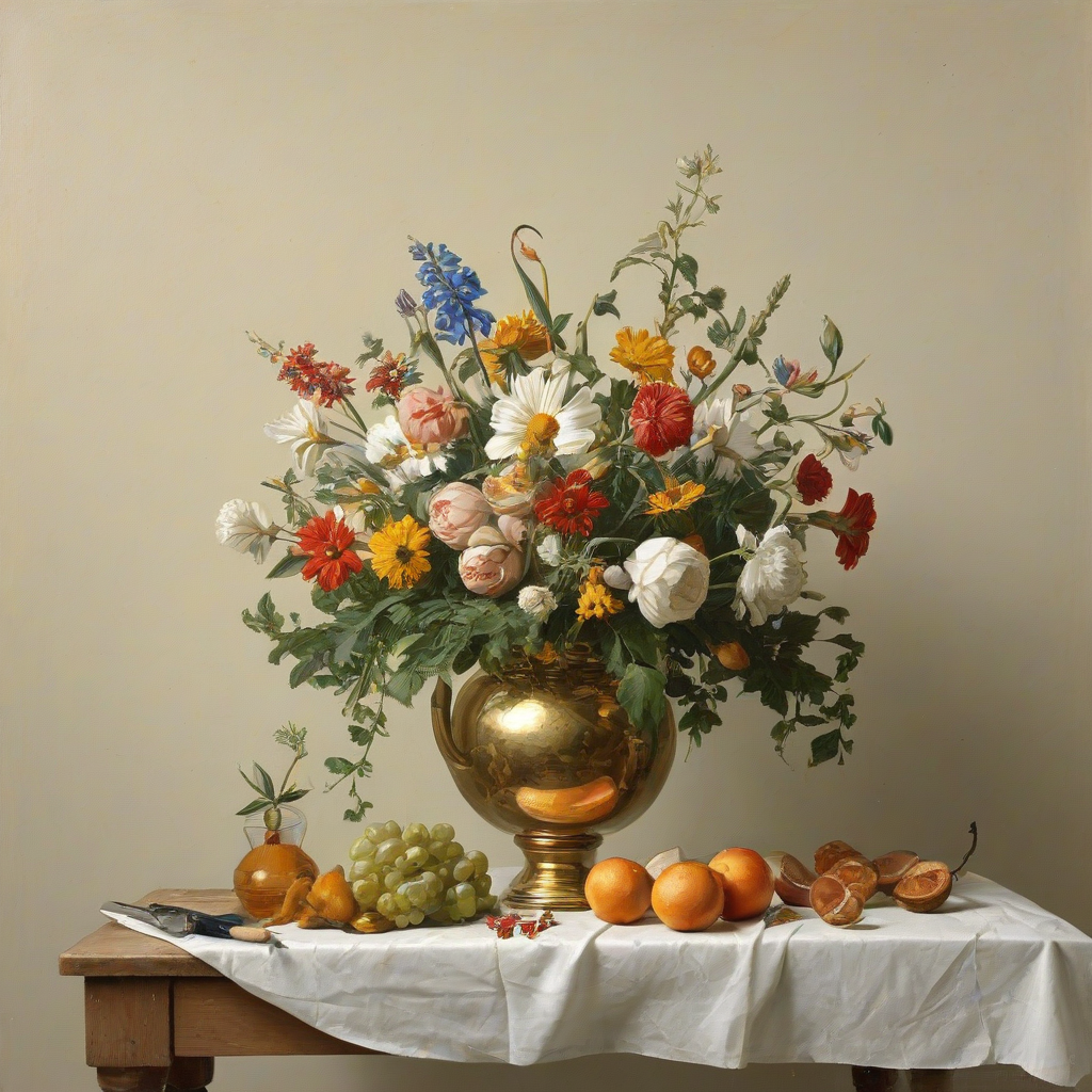 Dutch Golden Age still life, wide shot, full-body view, oil painting, warm colors, plain white background