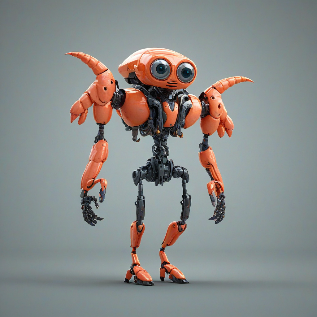 3d cartoon style, salmon colored, shrimp robot, tiny shrimp head, large muscular bod, on a plain white background, even lighting
