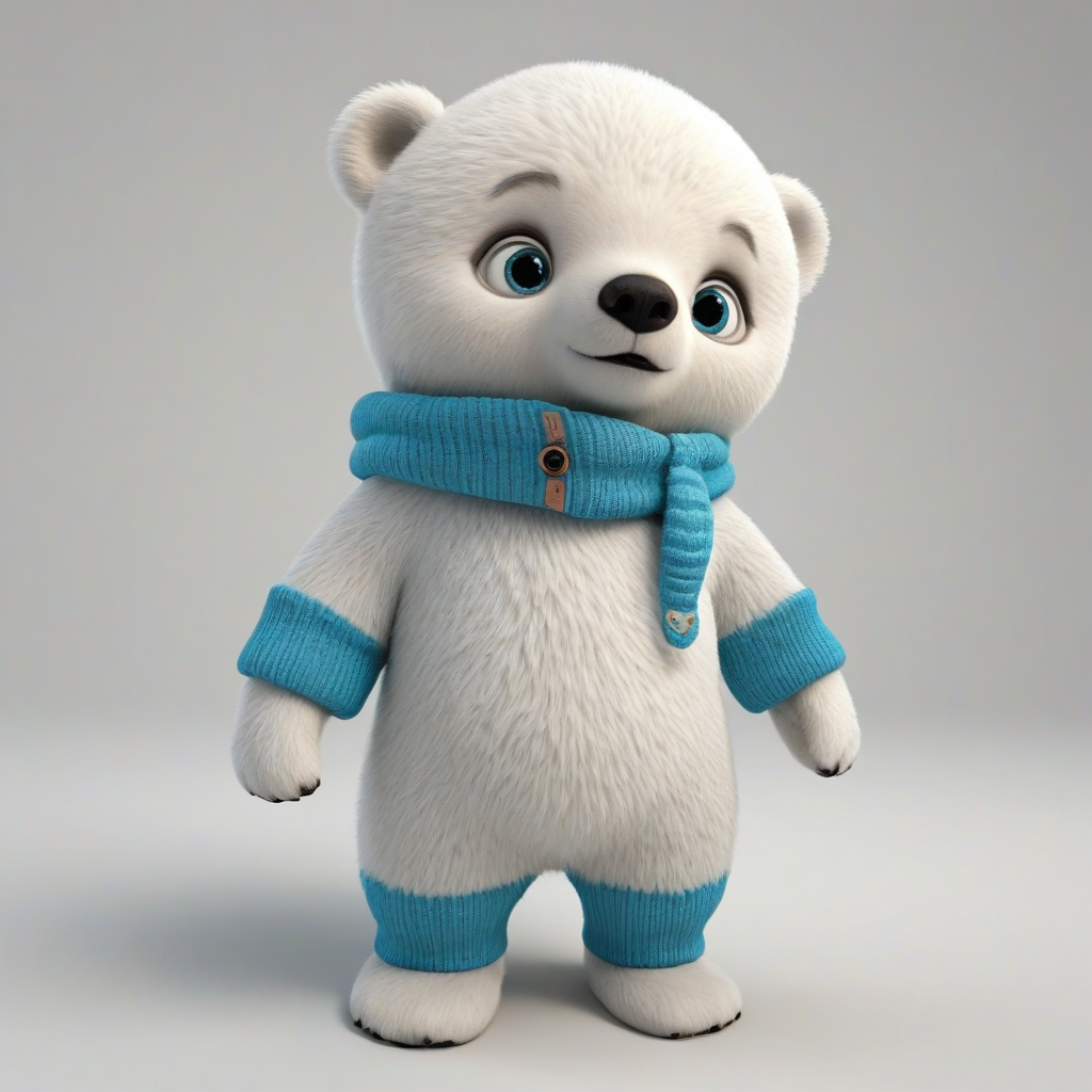 3d cartoon animation, cute baby polar bear dressed in winter clothes, big eyes, rounded features, short body, tiny nose, tiny feet, vivid colors, wide angle shot, feet visible, on a plain white background, even lighting