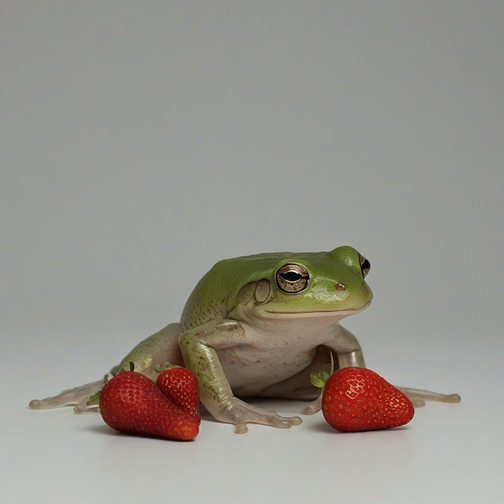 A frog sitting next to a strawberry, on a plain white background, even lighting 