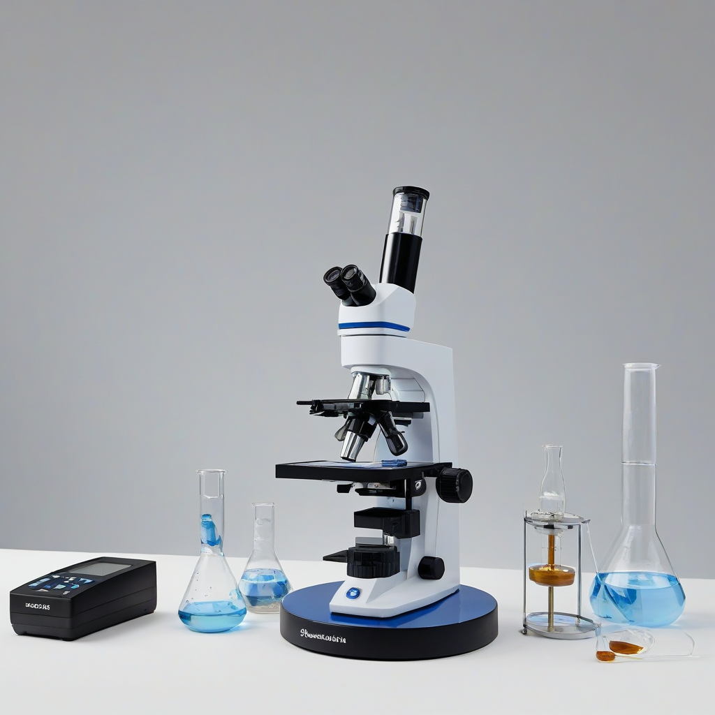 A minimalist setup of scientific equipment, including a microscope, beakers, and test tubes, with a sapphire crystal specimen on a plain white background, in a wide shot with the equipment and specimen fully visible, utilizing a neutral color palette with an emphasis on blues and whites to evoke a sense of sterility and precision, in a digital art style with clean lines and simple shapes, on a plain white background, even lighting