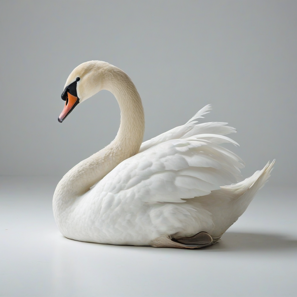 beautiful white swan, wide angle shot, on a plain white background, even lighting