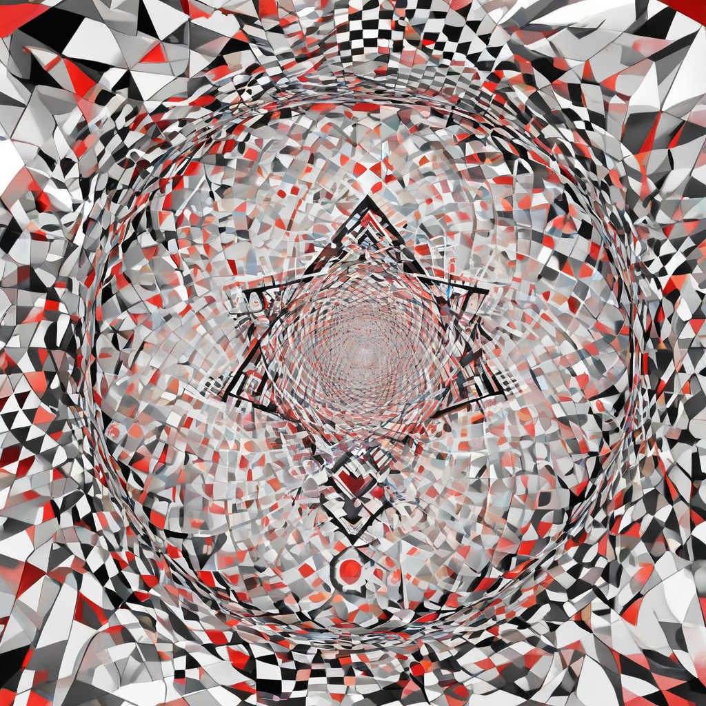 A mesmerizing optical illusion featuring a combination of geometric shapes, including triangles, circles, and squares, in a wide-angle view, with vibrant colors and dynamic shadows, on a plain white background, in a digital art style, with a sense of depth and dimensionality, full-body view, with intricate details and patterns, feet visible, in a surreal and futuristic setting