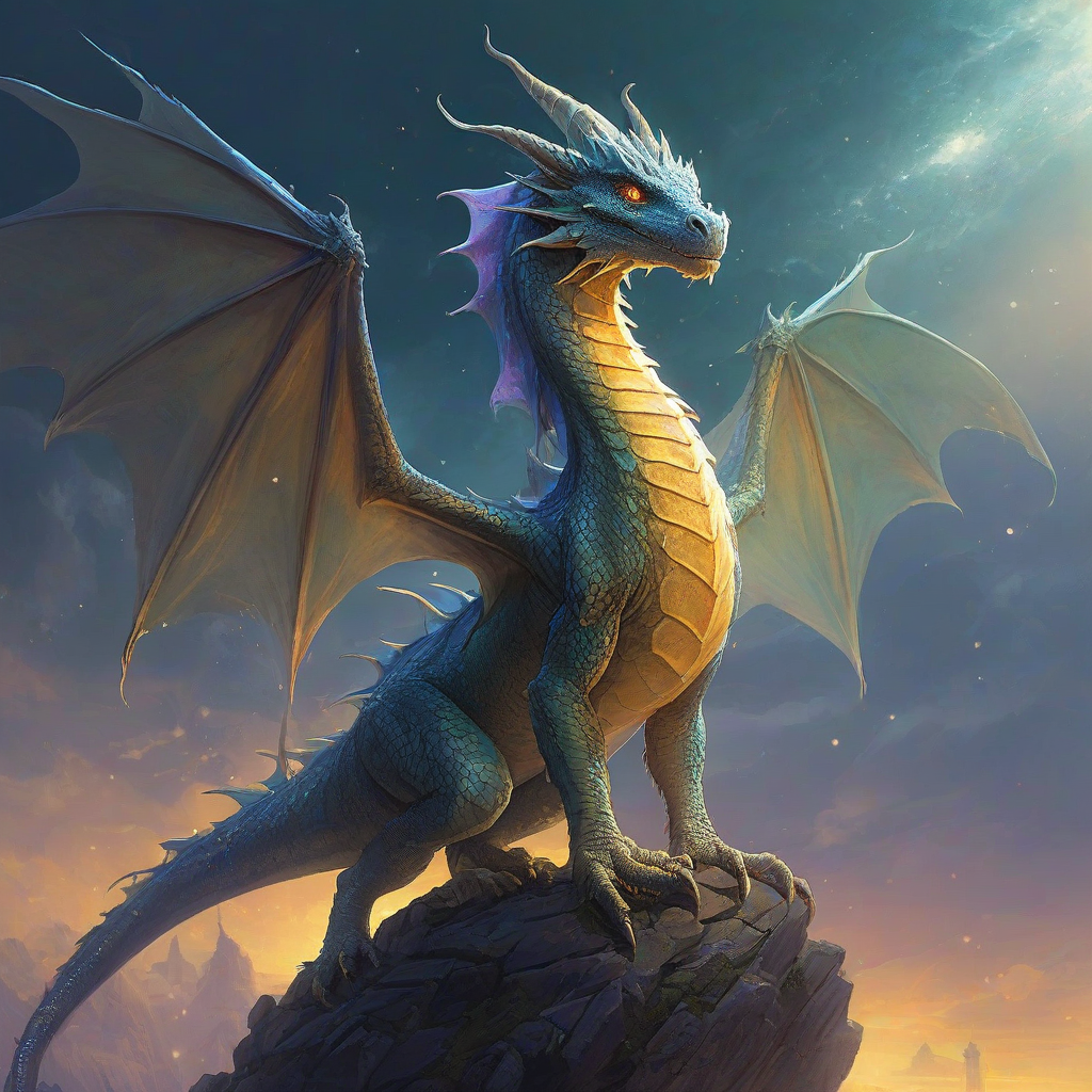 Digital art of a slender and long cute dragon standing regally, its scales glow with an ethereal light the illuminates the surrounding area, celestial setting, mystical mist, Michael Whelan and Marc Simonetti inspired art styles