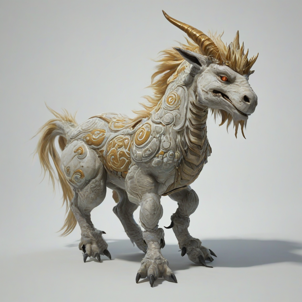 A kirin creature on a plain white background, even lighting, with a simple and stylized design
