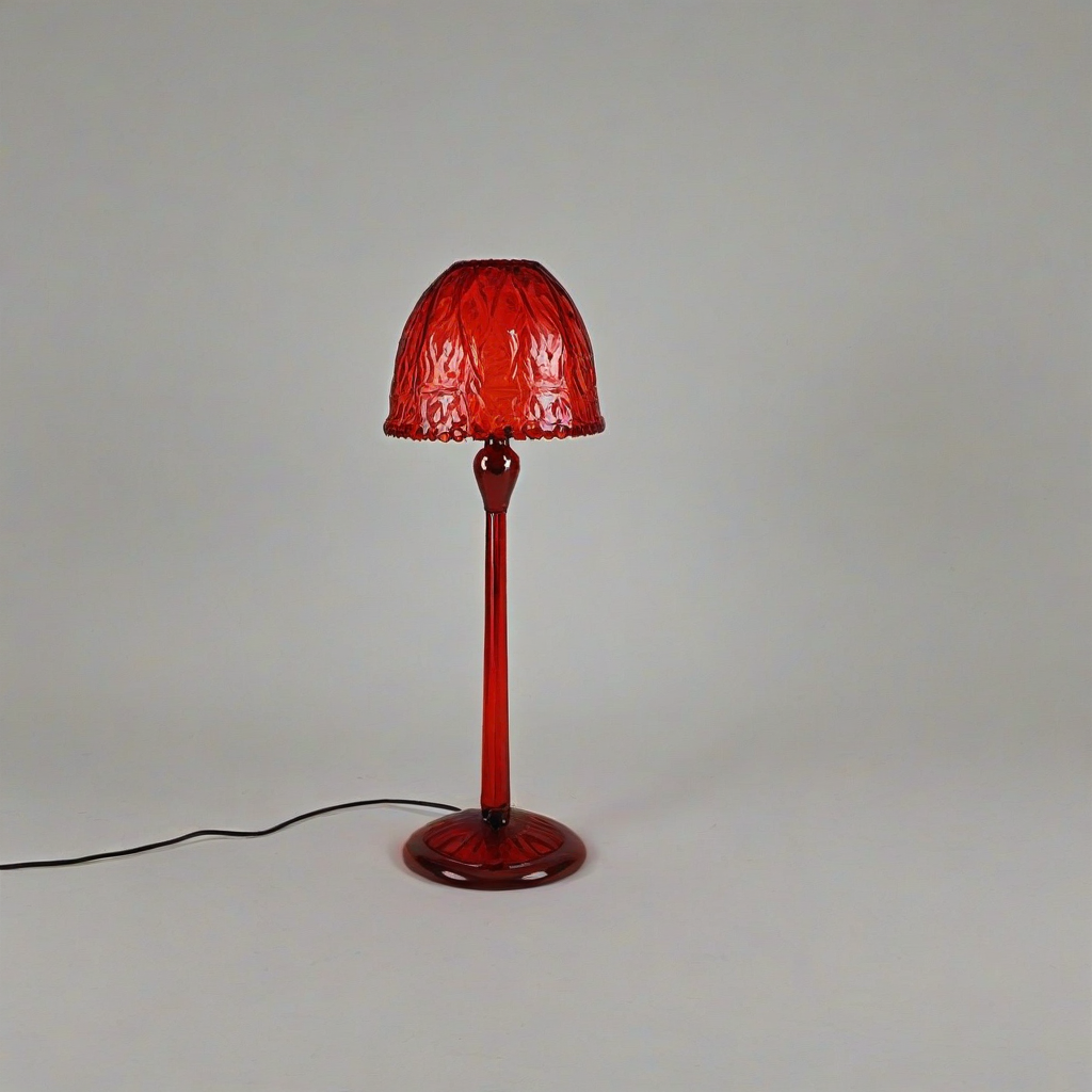 red glass lamp with red glass shade, on a plain white background, even lighting