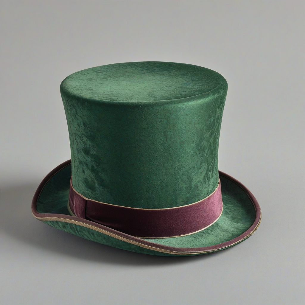 A green velvet top hat, wide shot, full-body view, on a plain white background, with a soft, natural light, and a subtle shadow, in the style of a 19th-century illustration, highly detailed, intricate, and ornate, with a sense of luxury and elegance, the hat is placed on a surface, with no human or animal presence, and no additional objects or accessories, on a plain white background, even lighting