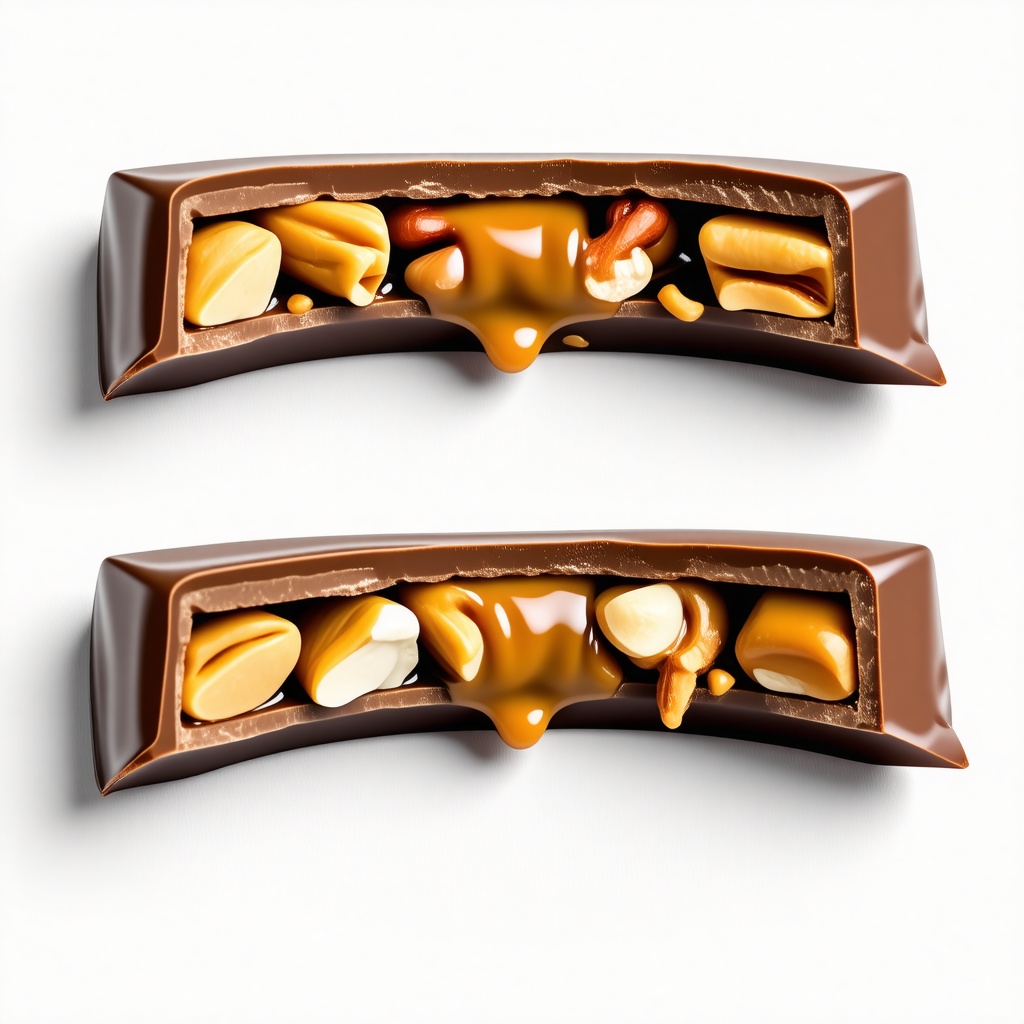 A full-body view of a Snickers bar cut in half on a plain white background, with the inside of the bar visible, and a string of caramel connecting the two halves, with a close-up shot to emphasize the caramel and the nuts, in a photography style with a soft, natural light and a slight blur effect to highlight the texture of the caramel and the chocolate