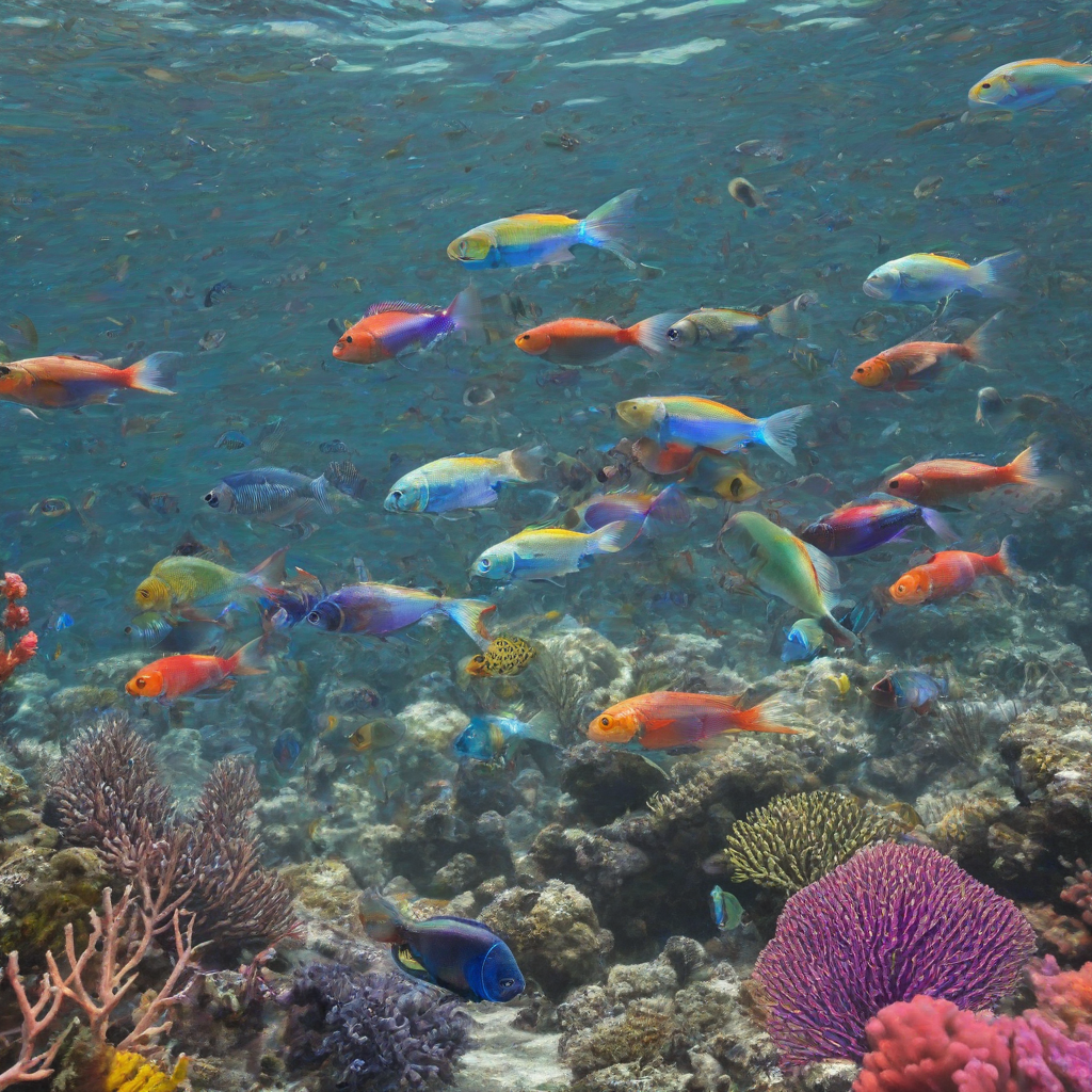 Five rainbow fish swimming through the blue open ocean with a lot of colorful coral beneath them