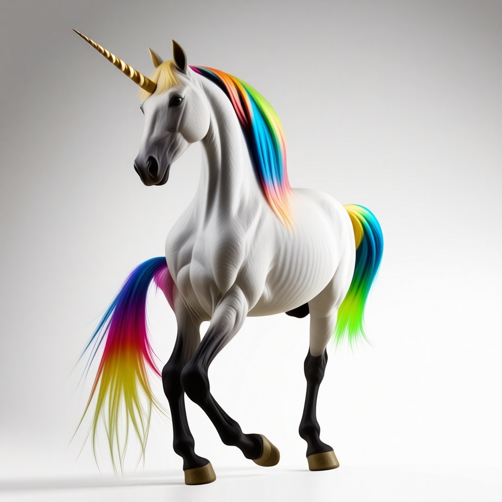 A tall unicorn with a rainbow tail and mane rearing back on its hind legs