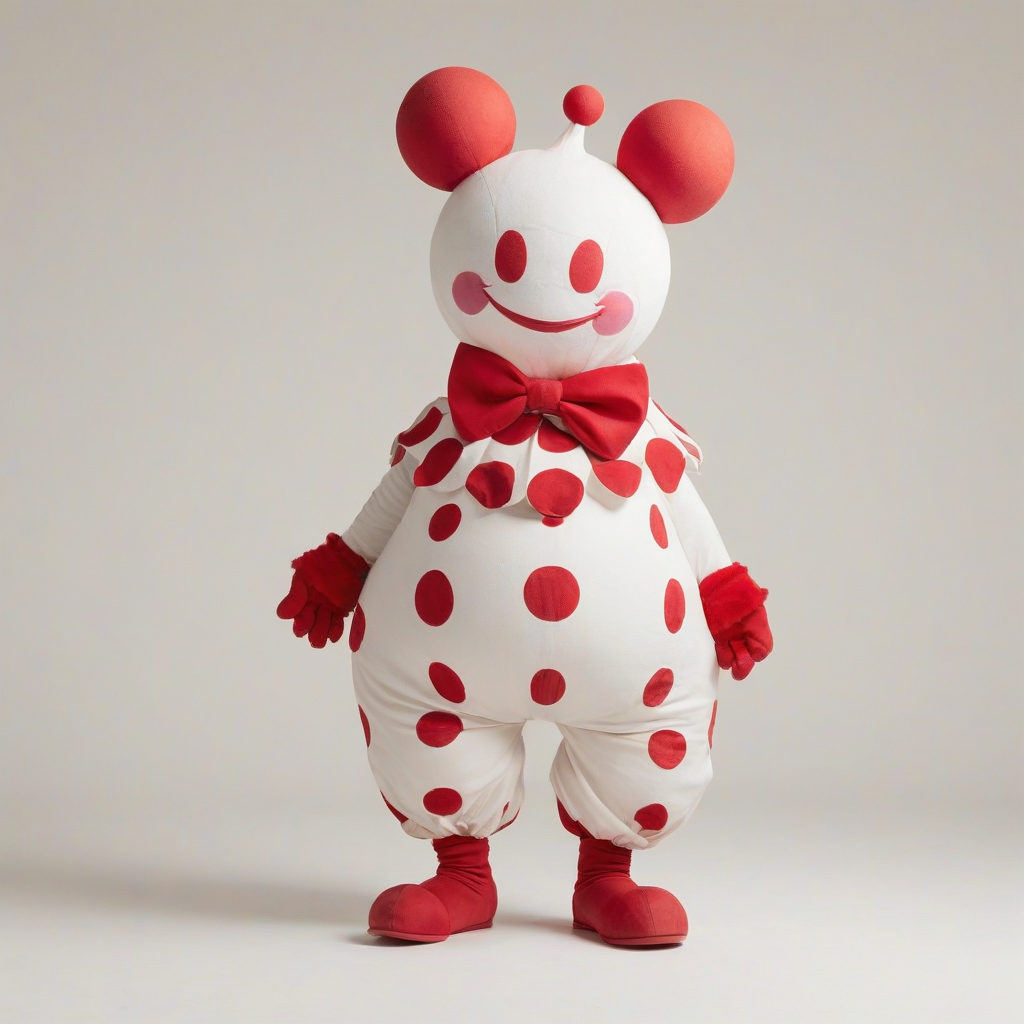 A full-body view of Mr. Mime the pokemon, wearing a white and red clown costume, with a sad expression, standing on a plain white background, in a wide shot, with a soft, warm lighting and a subtle shadow effect, in the style of a digital illustration