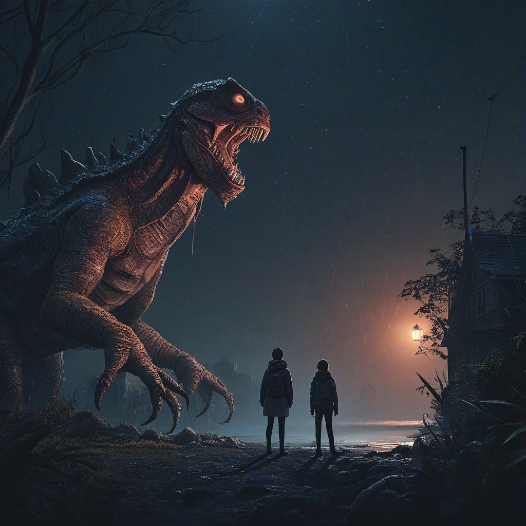 Digital art environmental scene at night, person and scaly monster staring down