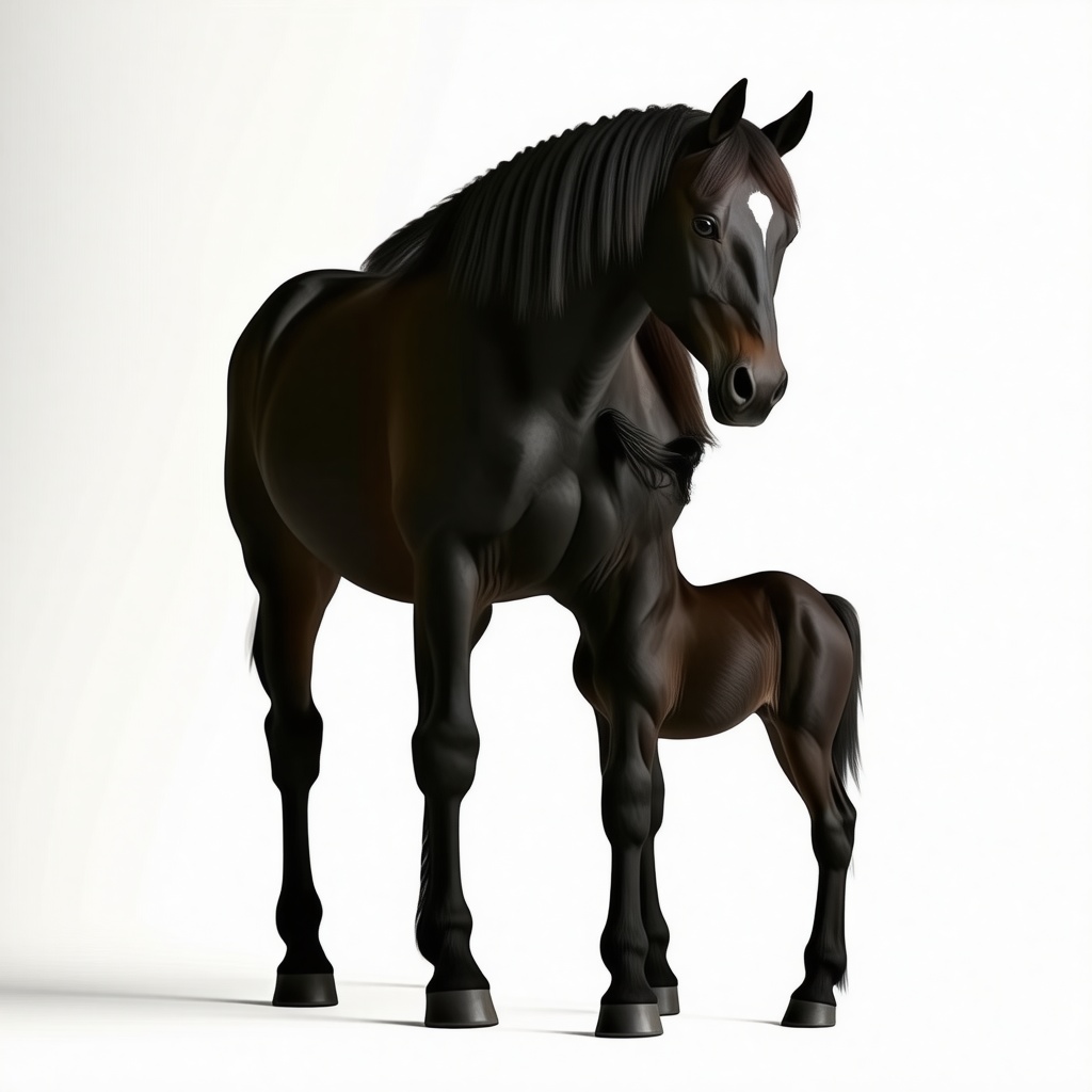 Black horse standing, with a black baby horse standing next to the bigger one