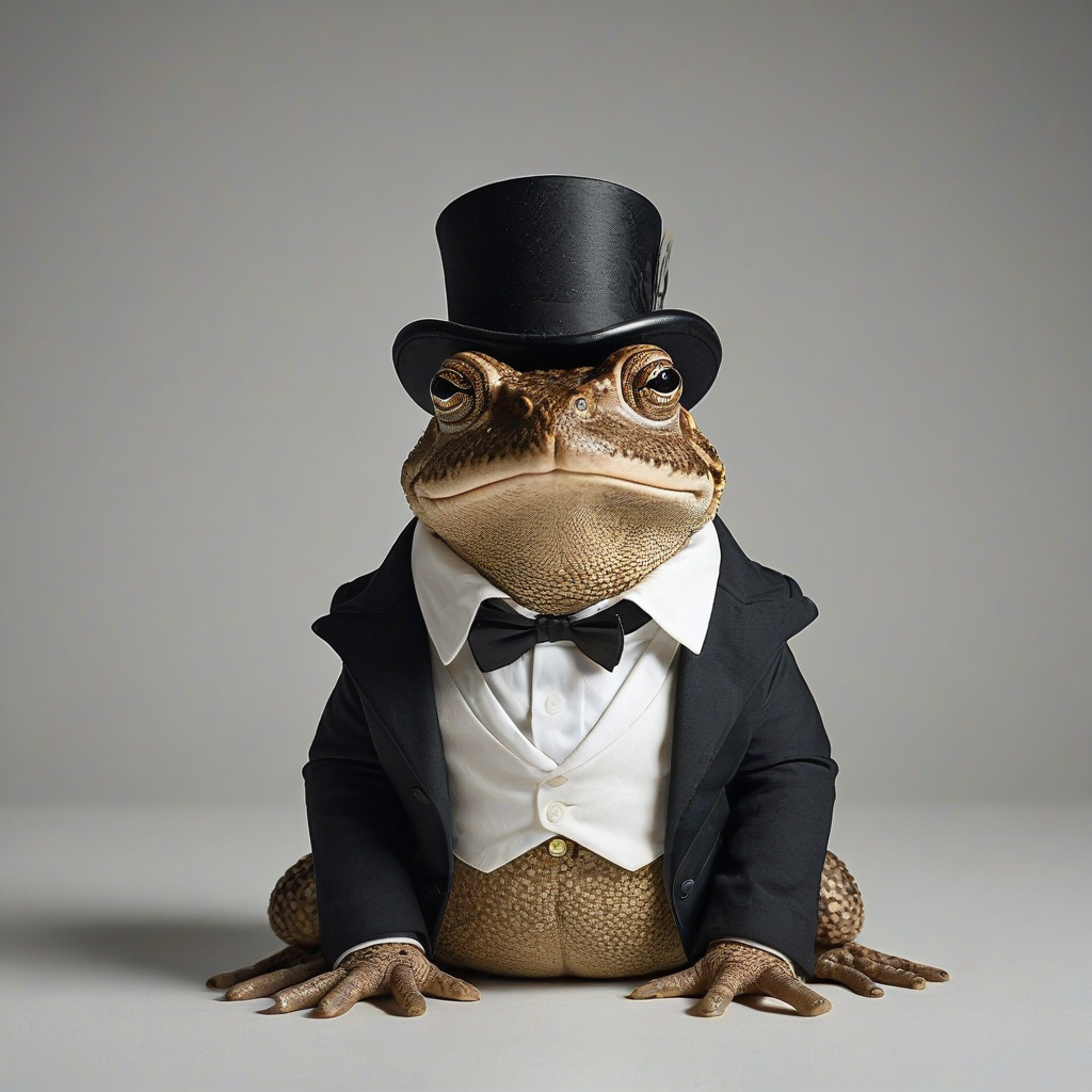 realistic style, toad wearing Victorian style clothes, top hat, wide angle shot, bright lighting, on a plain white background, even lighting