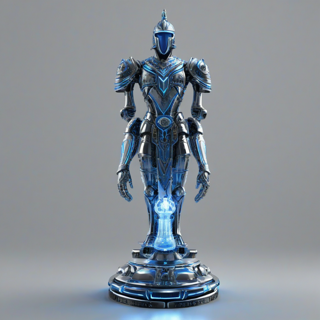 A highly detailed, full-body view of a knight chess piece, with a futuristic metallic body, glowing blue circuits, and a regal mitre on its head, standing on a plain white background, in a wide shot, with its feet visible, in a digital art style with dynamic shadows and a hard rim light, on a plain white background