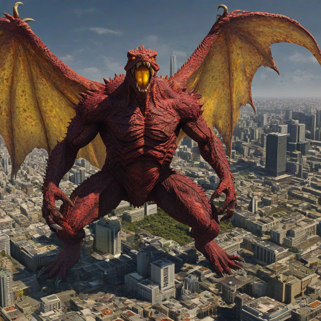 A huge, dangerous red monster kaiju style, full-body view, destroying a huge city, with sharp teeth and glowing yellow eyes, scaly skin and large wings,  with feet visible, with a dramatic backlight and dynamic shadows, in the style of a digital illustration