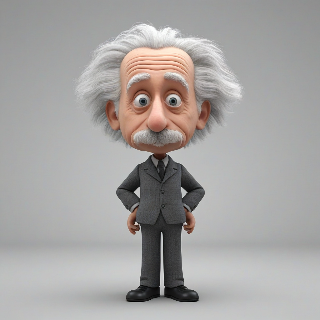 3d cartoon animation style Albert Einstein, big eyes, big head, small body, rounded features, full body visible,, on a plain white background, even lighting