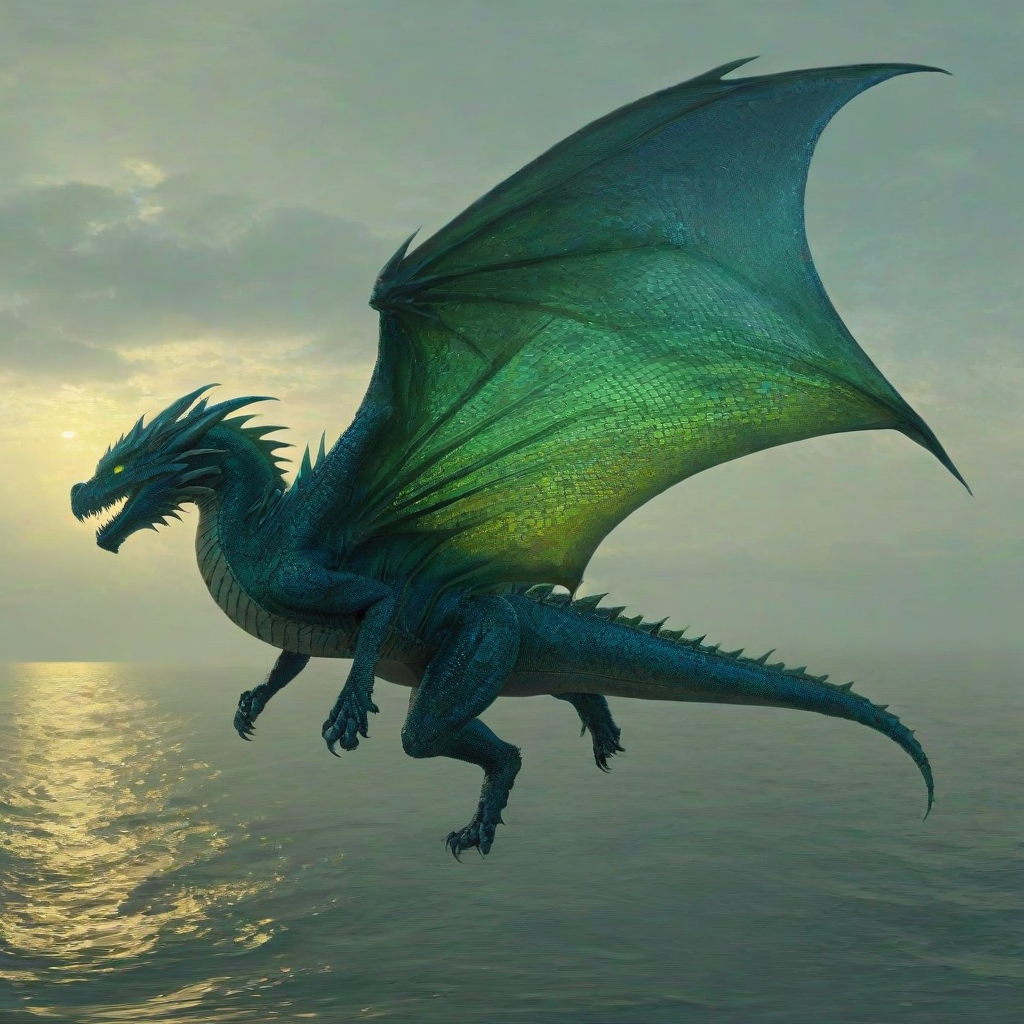 A fantasy animal, specifically a dragon, with scales that shimmer in hues of blue and green, standing in a full-body view with its feet visible, flying over an ocean, in a wide shot with a slight low-angle perspective, and illuminated by a soft, warm backlight