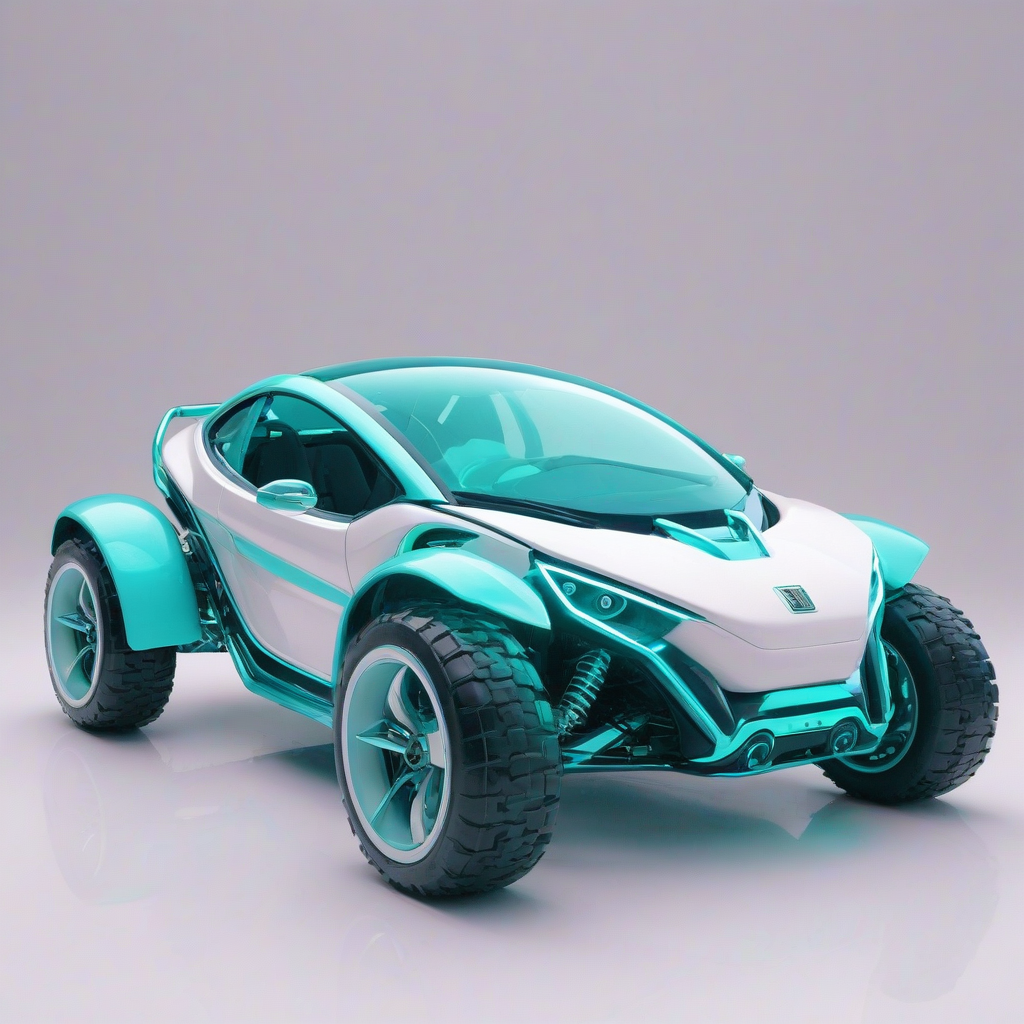 A futuristic turquoise buggy in a wide shot, with a full-body view, on a plain white background, with a vaporwave aesthetic, featuring pastel colors and a dreamy atmosphere, with neon lights and a sense of nostalgia, in a high-definition digital art style, with precise details and textures, and a subtle gradient effect, on a plain white background, even lighting